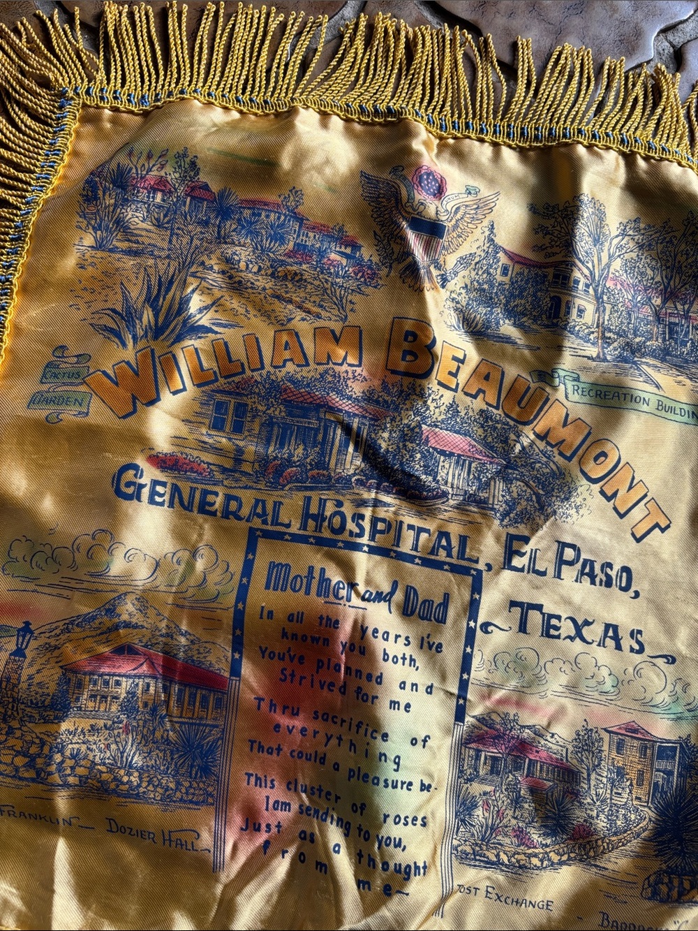 Vintage 40s William Beaumont General Hospital scarf fringed satin pillow case